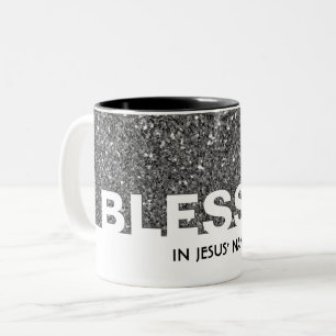 Taza Bicolor BENDIDO En Nombre De Jesús Purpurina elegante de