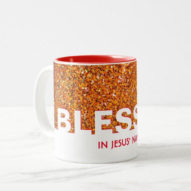Taza Bicolor BENDIGADO En Nombre De Jesús | Elegante Purpurina  (Anverso izquierdo)