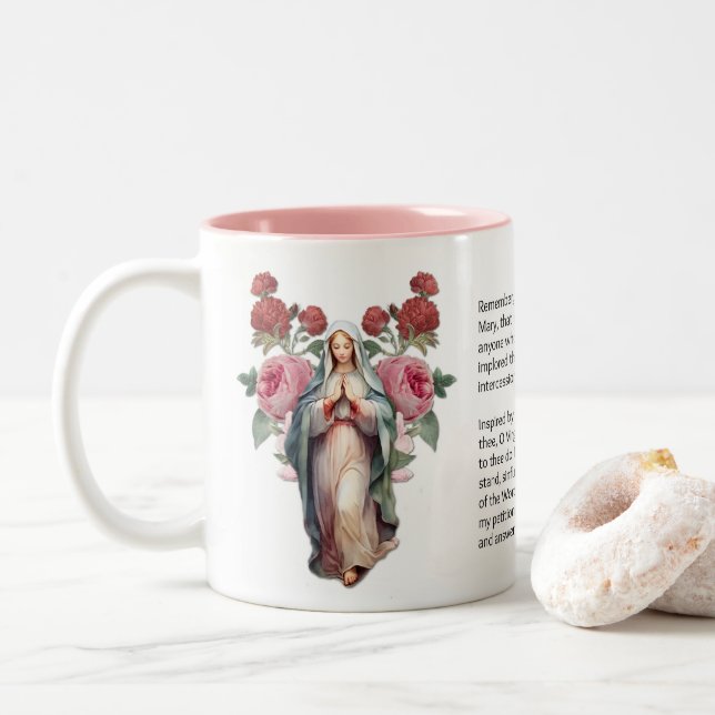 Taza Bicolor Bendita Virgen María Rosas Memorare Prayer (Con donut)