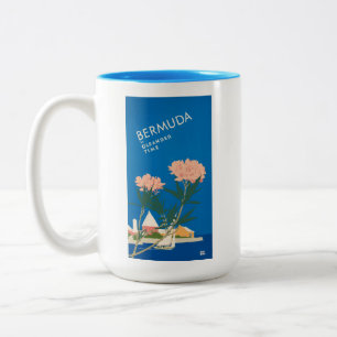 Taza Bicolor Bermuda Beach Flowers Retro Vintage Poster