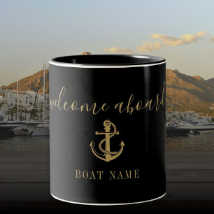 Taza Bicolor Bienvenido a bordo del barco Ancla Negra y Dorada 