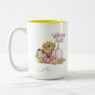 Taza Bicolor Bienvenido Otoño Calabazas Rosadas Blancas