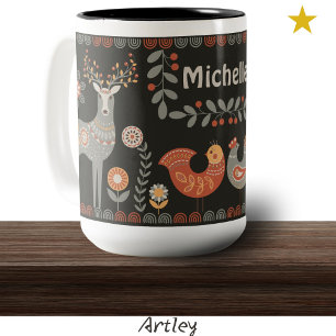 Taza Bicolor Black Folk Art Animals Nombre personalizado Deer F
