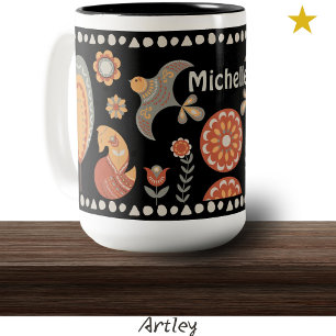 Taza Bicolor Black Folk Art Animals Wildlife Custom Name