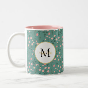 Taza Bicolor 'Bloom de primavera', floral verde azulada y rosa 
