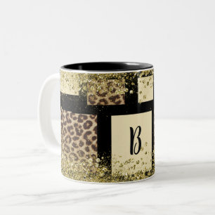 Taza Bicolor Bloque de Color Crema Marfil Negro y Leopardo Guep