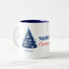 Taza Bicolor Blue Daisy Christmas Tree Merry Christmas Name