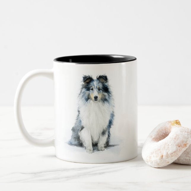Taza Bicolor BLUE MERLE Shetland Sheepdog Watercolor Art (Con donut)
