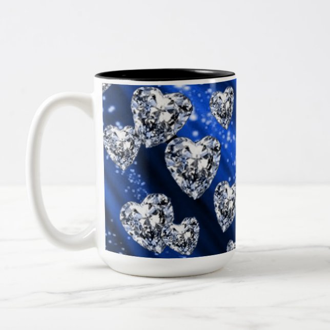 Taza Bicolor Blue Sparkle Diamond Hearts Mug (Izquierda)