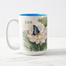 Taza Bicolor Blue Swallowtail Butterfly With Lotus Flower Name