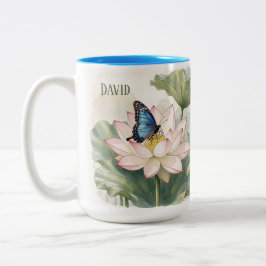 Taza Bicolor Blue Swallowtail Butterfly With Lotus Flower Name