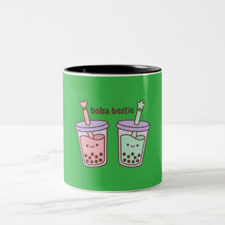 Taza Bicolor Boba Bestie Kawaii Bubble Tea Rosa Pastel y Verde