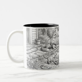 Taza Bicolor Boceto a lápiz de vida silvestre en el patio trase