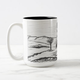 Taza Bicolor Boceto a lápiz del faro en la isla en el mar 