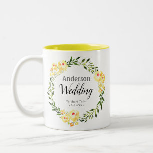 Taza Bicolor Boda de Flores de acuarela amarilla de nombre y fe