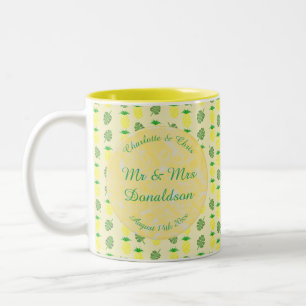 Taza Bicolor Boda de verano tropical Piña y hojas de palmera