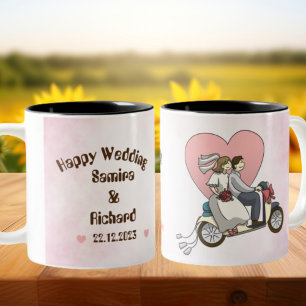 Taza Bicolor Boda feliz rosa y blanco ilustrado Mug