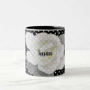 Taza Bicolor Bonita gardenia blanca flor Polka blanco negro pun