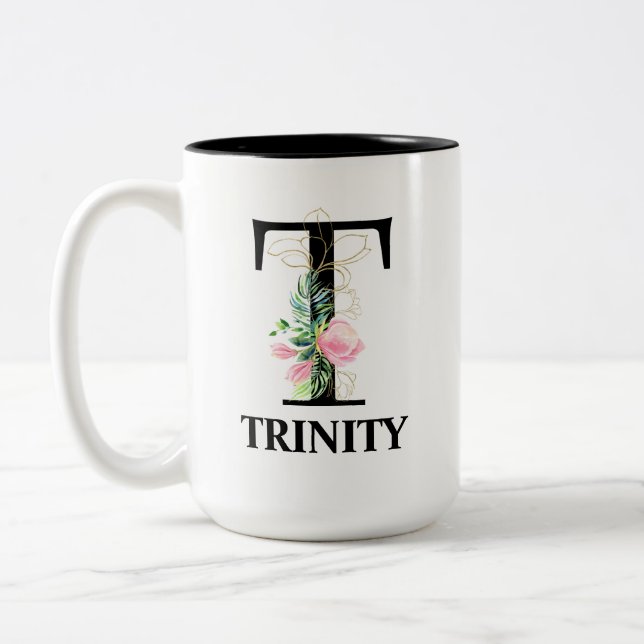 Taza Bicolor Bonito Floral T monogramado inicial (Izquierda)