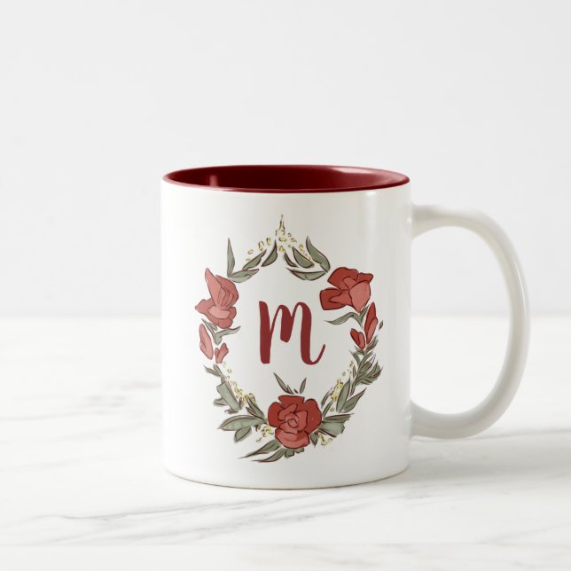 Taza Bicolor Bonito Rosebud Blossom Wreath Monograma moderno (Derecha)