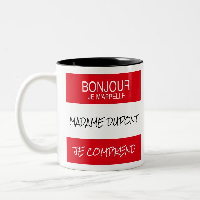 Taza Bicolor "Bonjour" Nombre distintivo profesor francés regal (Izquierda)
