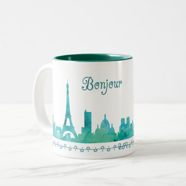 Taza Bicolor Bonjour Paris Watercolor Silhouette (Anverso izquierdo)