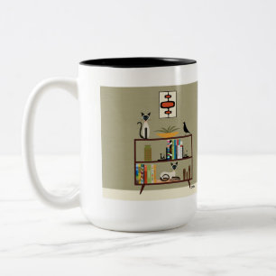 Taza Bicolor Bookcase de mediados de siglo con gatos siameses