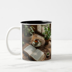 Taza Bicolor Books & Tea Club Estética acogedora para los ama