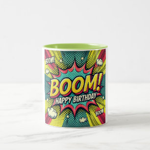 Taza Bicolor Boom de historietas de cumpleaños feliz