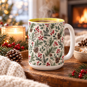 Taza Bicolor Botánico de invierno en acuarela: pino y bayas