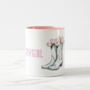 Taza Bicolor Botas vaqueras plateadas con rosas rosadas bonitas