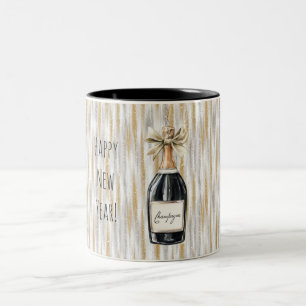 Taza Bicolor Botella de champán rayas doradas y plateadas Año N