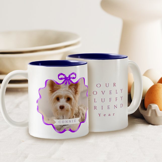 Taza Bicolor Bow Ribbon Mascota Memory Photo Purple (Bow Ribbon Pet Memory Photo Purple Two-Tone Coffee Mug)