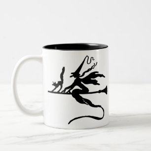 Taza Bicolor Broom Witch Flying Cat Halloween Silhouette