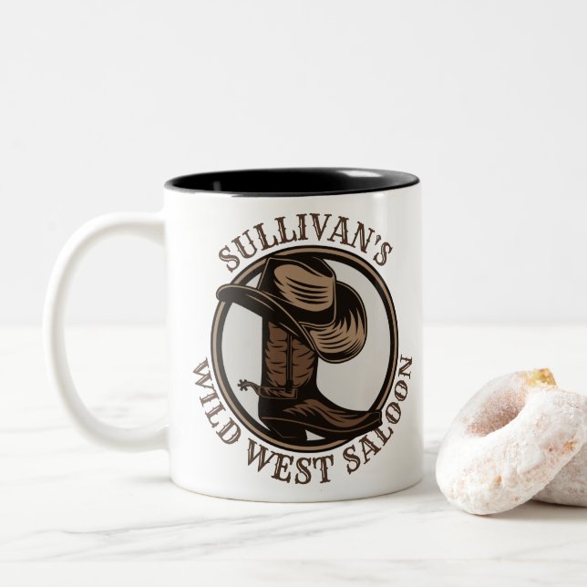 Taza Bicolor Brotes de Cowboy West Saloon personalizados (Con donut)