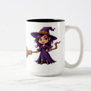 Taza Bicolor Bruja Adorable Sosteniendo Escoba Para Diversión d
