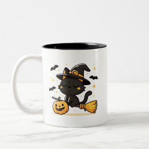Taza Bicolor Bruja de gato negro en escoba y calabaza de Hallow