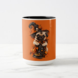 Taza Bicolor Bruja de Halloween con Pug Adorable y Calabaza