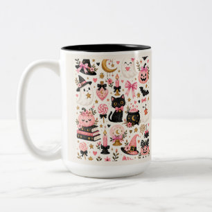 Taza Bicolor Bruja de Halloween Rosa Fantasmas Lindos Gato Negr