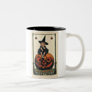 Taza Bicolor bruja-de-halloween-vintage-niña-calabaza-negra-