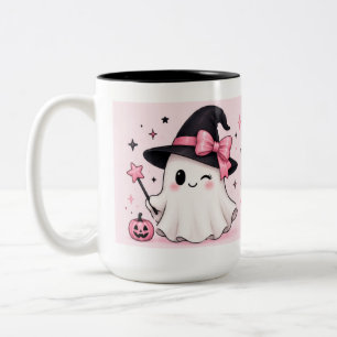 Taza Bicolor Bruja Fantasma Coqueta con Lazo Rosa de Halloween