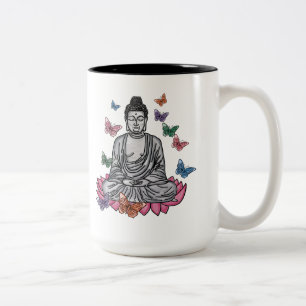 Taza Bicolor Buda en flor de loto con mugre de mariposas