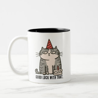 Taza Bicolor Buena Suerte Con Ese Gato Gruñón De Cumpleaños