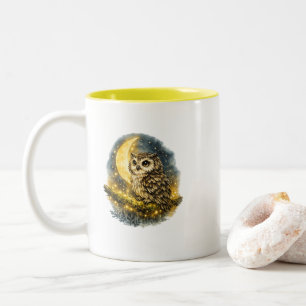 Taza Bicolor Búho Acuarela Místico y Luna Creciente Dorada
