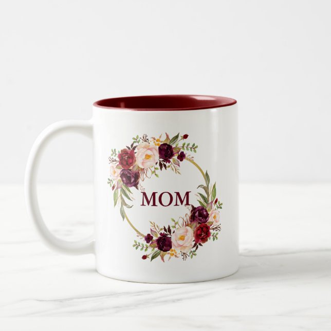 Taza Bicolor Burgundy Watercolor Floral Gold Mom (Izquierda)