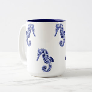 Taza Bicolor Caballos de mar azules y blancos