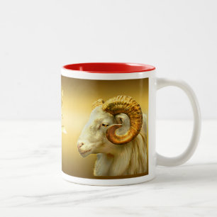 Taza Bicolor Cabeza de Ram dorada y símbolo chino, año de la re