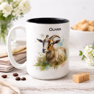 Taza Bicolor Cabra de granja acuarela, personalizado
