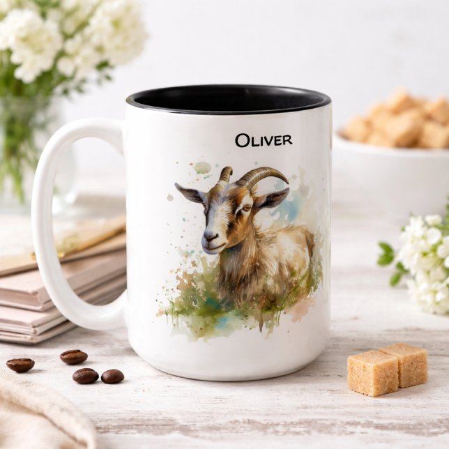 Taza Bicolor Cabra de granja acuarela, personalizado (Subido por el creador)