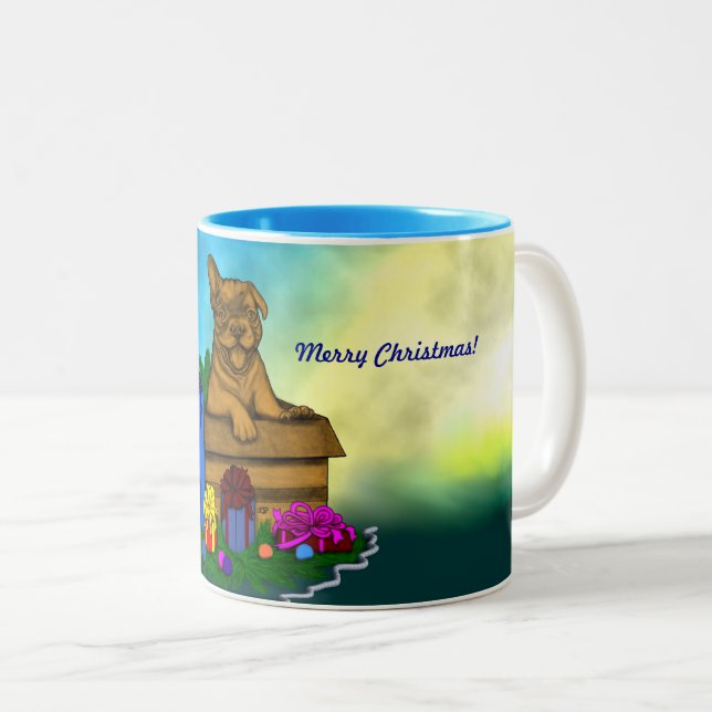 Taza Bicolor Cachorro en una caja , Feliz Navidad (Anverso derecho)